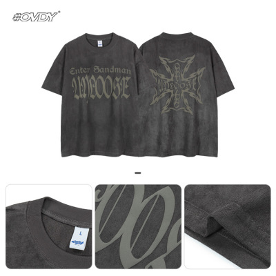 Gray T-shirt Men's Personality Cross Loose Solid Color Short Sleeves 61