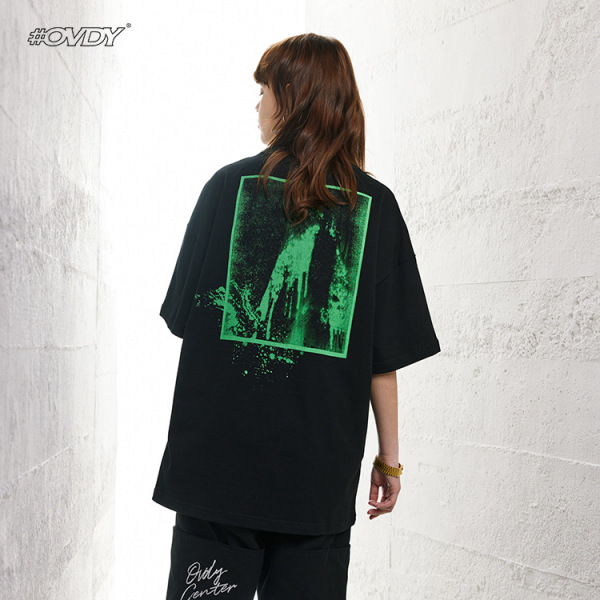 Retro splash ink style print oversize round neck t 67