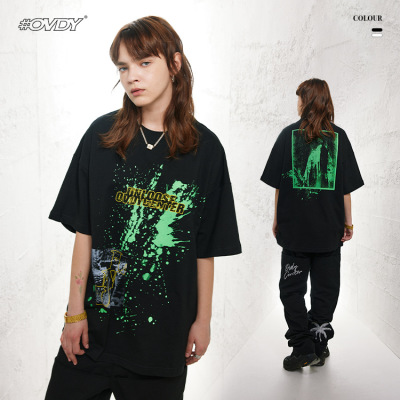 Retro splash ink style print oversize round neck t 67
