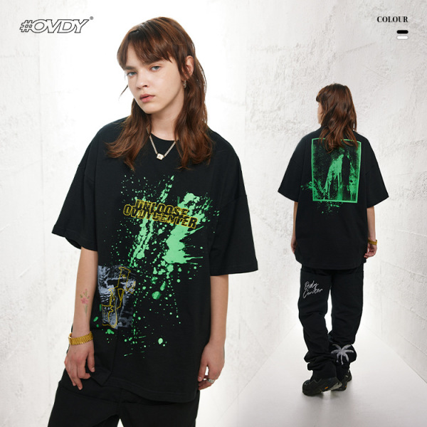 Retro splash ink style print oversize round neck t 67
