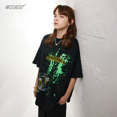 Retro splash ink style print oversize round neck t 67