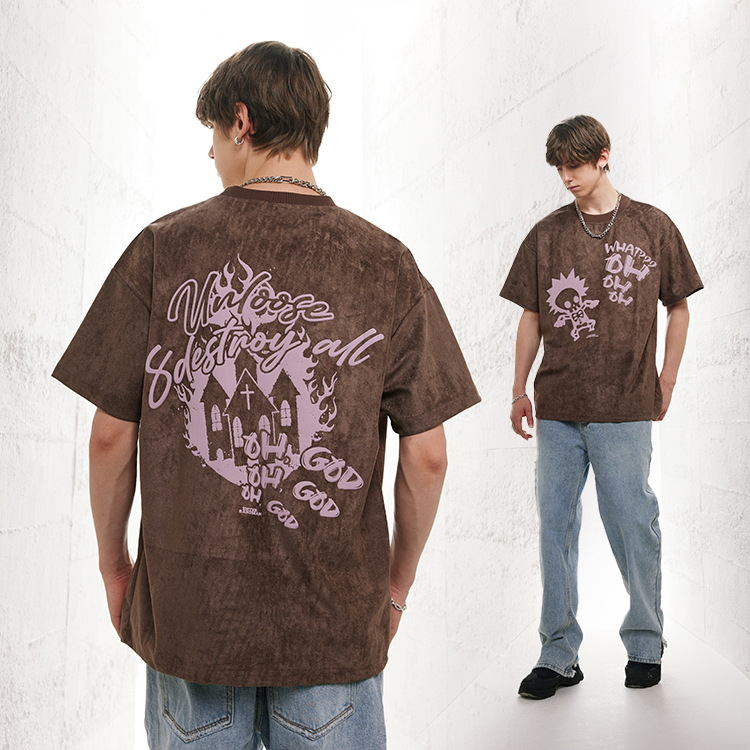 American retro style suede foam print t-shirt men 57