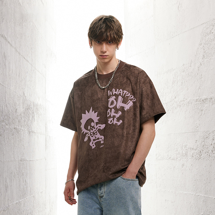 American retro style suede foam print t-shirt men 57