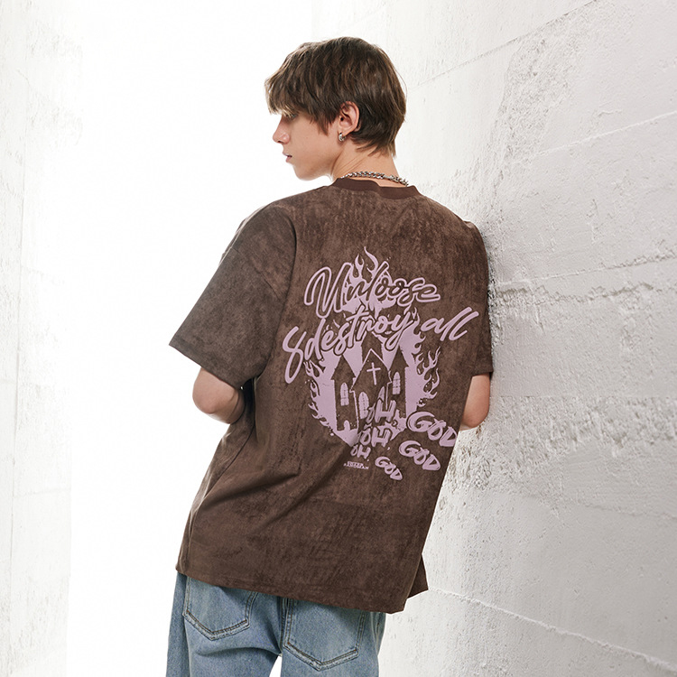 American retro style suede foam print t-shirt men 57