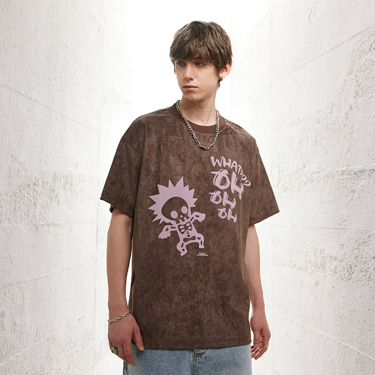 American retro style suede foam print t-shirt men 57