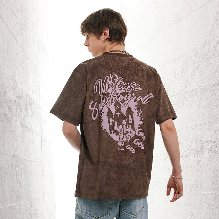 American retro style suede foam print t-shirt men 57