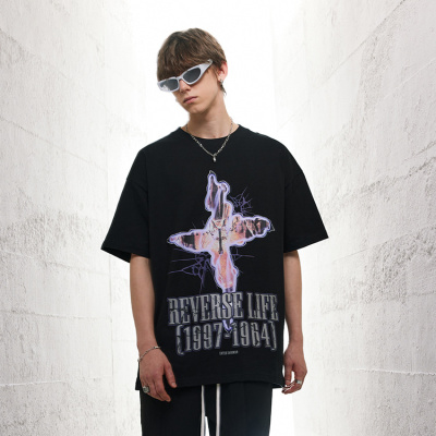 Cross half-sleeved dark tie lazy high street loose round neck T 31