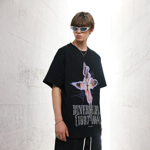 Cross half-sleeved dark tie lazy high street loose round neck T 31
