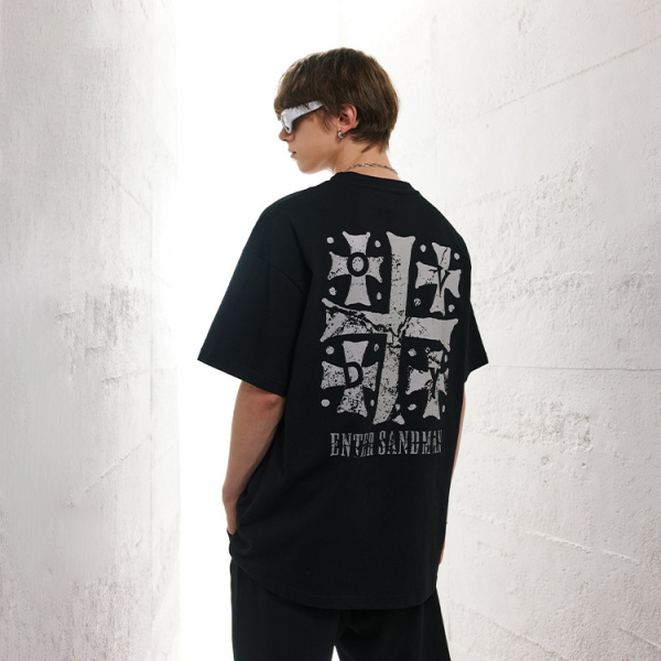 Cross half-sleeved dark tie lazy high street loose round neck T 31