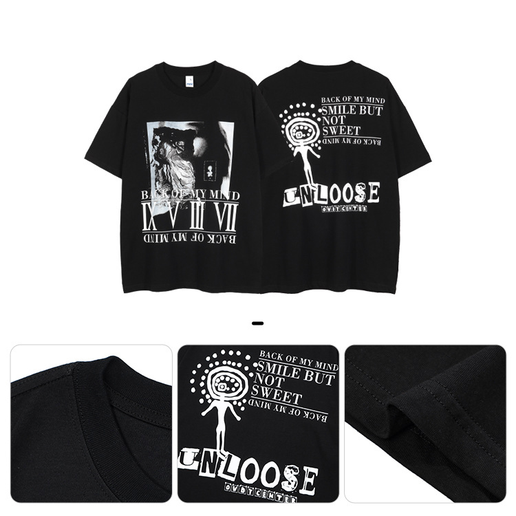 Dark black short-sleeved original cotton oversize casual big print t-shirt 46