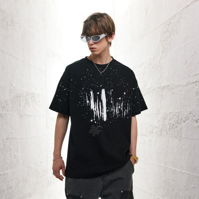 Dark men's t-shirt suede splash ink style short sleeves 19