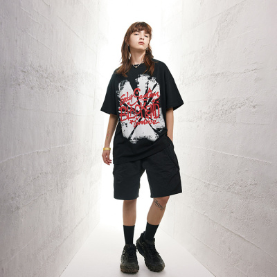 Men's dark black large print ins loose round neck cotton short sleeves 21