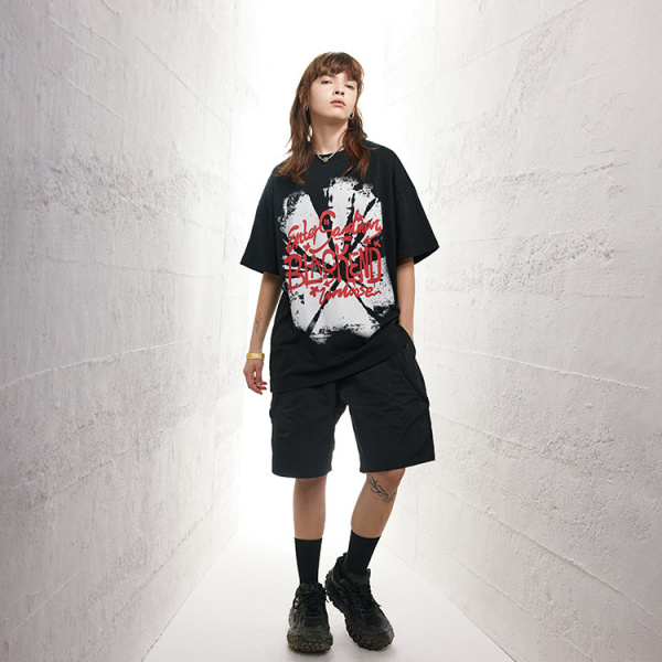 Men's dark black large print ins loose round neck cotton short sleeves 21