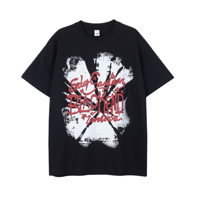 Men's dark black large print ins loose round neck cotton short sleeves 21