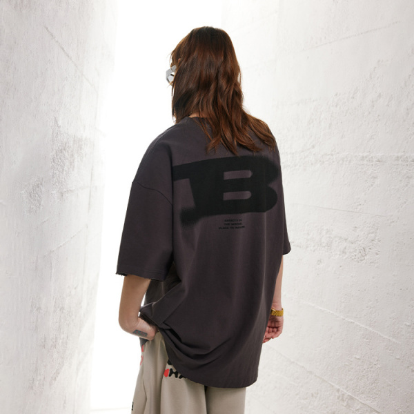 Short-sleeved washable old print oversize round neck T-shirt 72