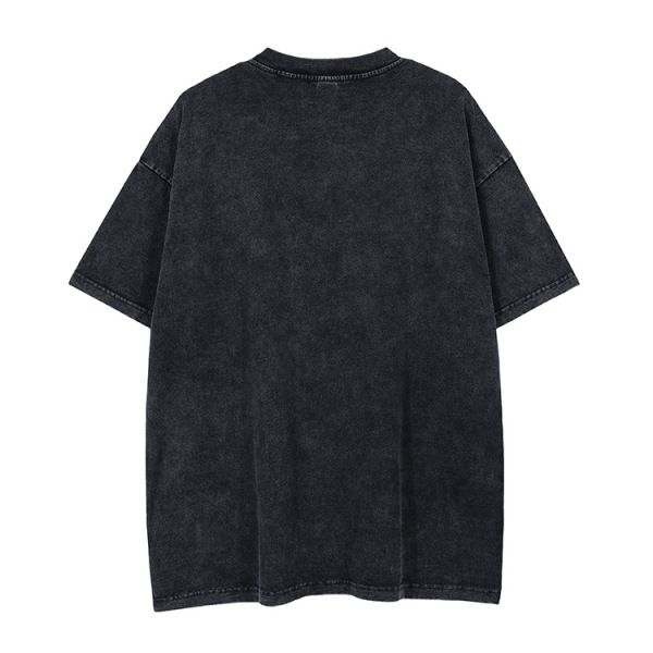 Sleeve trendy American retro style dark black large print t-shirt for men 75