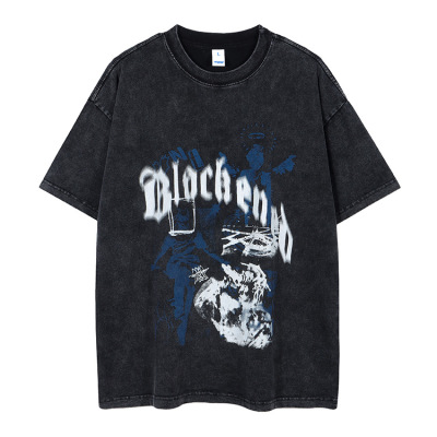 Sleeve trendy American retro style dark black large print t-shirt for men 75