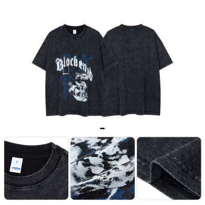 Sleeve trendy American retro style dark black large print t-shirt for men 75
