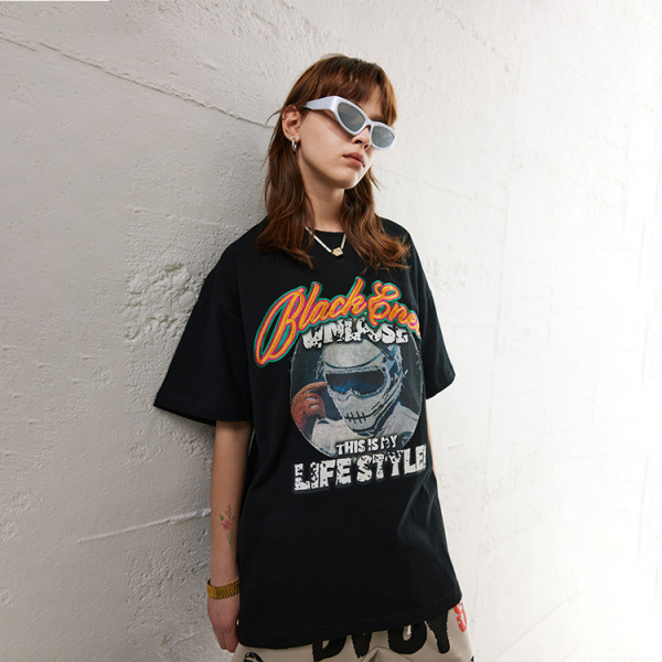 Small neckline t-shirt American street ins style loose big print short sleeves 78