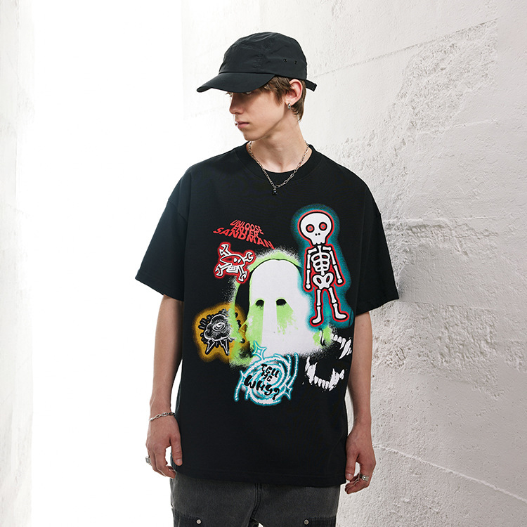 Cotton t-shirt small neckline skull fun print unisex short sleeves 114