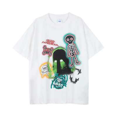 Cotton t-shirt small neckline skull fun print unisex short sleeves 114
