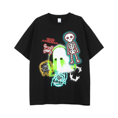 Cotton t-shirt small neckline skull fun print unisex short sleeves 114