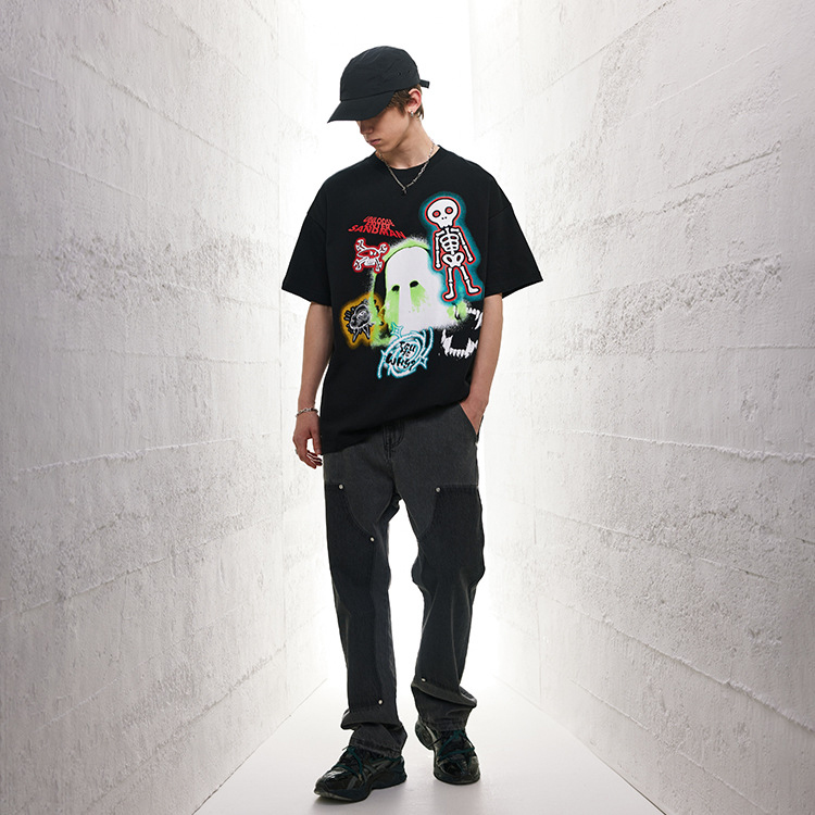 Cotton t-shirt small neckline skull fun print unisex short sleeves 114