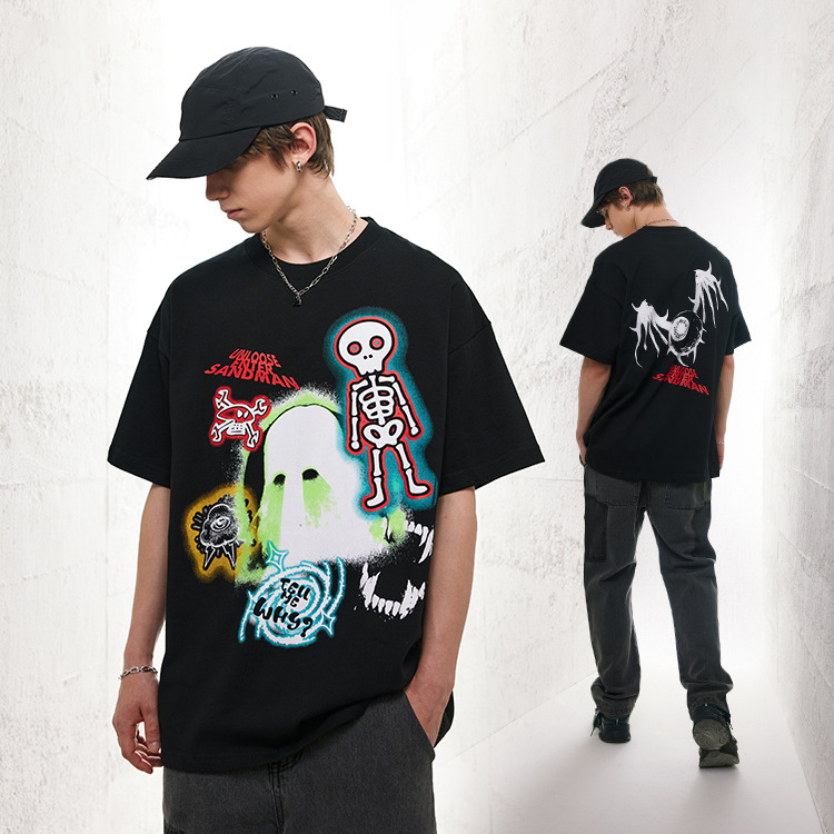 Cotton t-shirt small neckline skull fun print unisex short sleeves 114