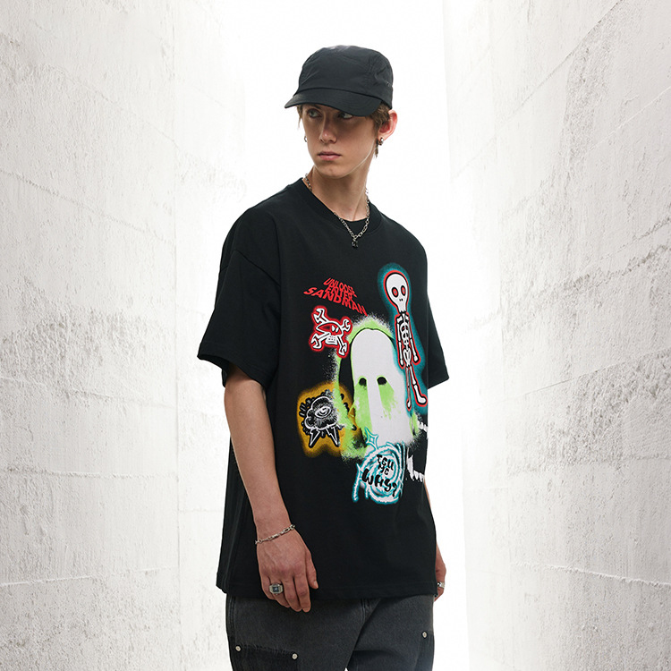 Cotton t-shirt small neckline skull fun print unisex short sleeves 114