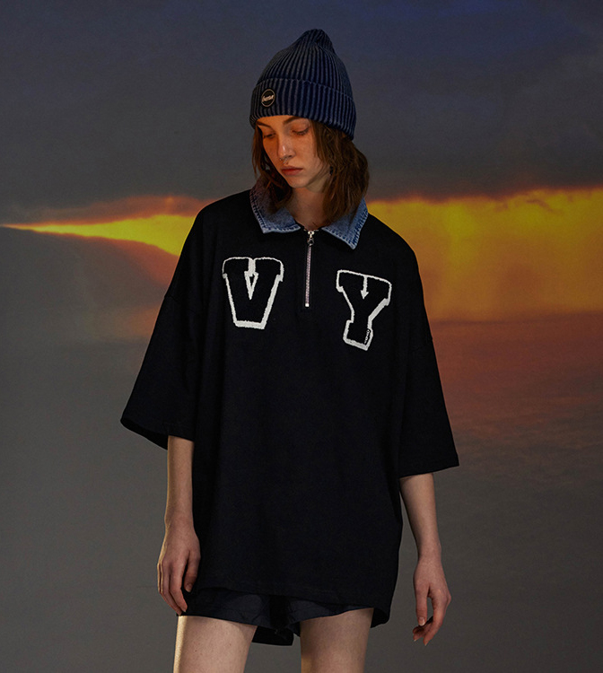 Denim Stand Collar T-Shirt Letter Embroidery Loose Short Sleeve Couple 129