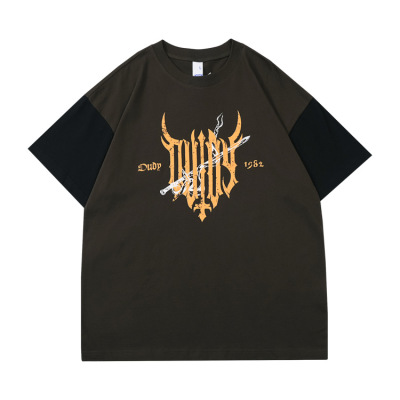 Retro splicing T-shirt street trendy brand niche heavy round neck short sleeves 124
