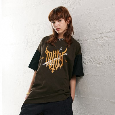 Retro splicing T-shirt street trendy brand niche heavy round neck short sleeves 124