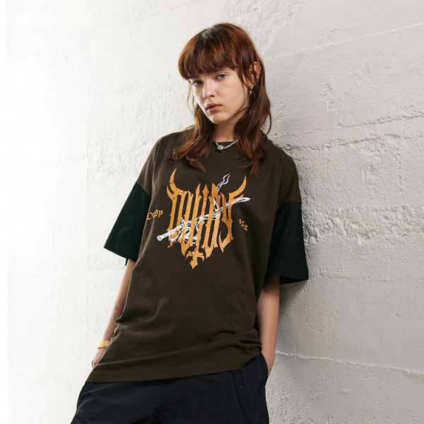 Retro splicing T-shirt street trendy brand niche heavy round neck short sleeves 124