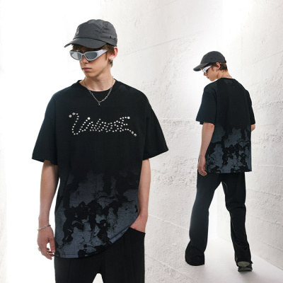 Short-sleeved men's dark pattern patch craft gradient T-shirt trend 125