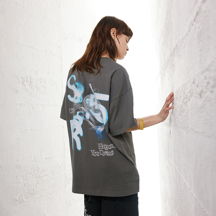 Small neckline heavy craft American high street large letter print t-shirt 134