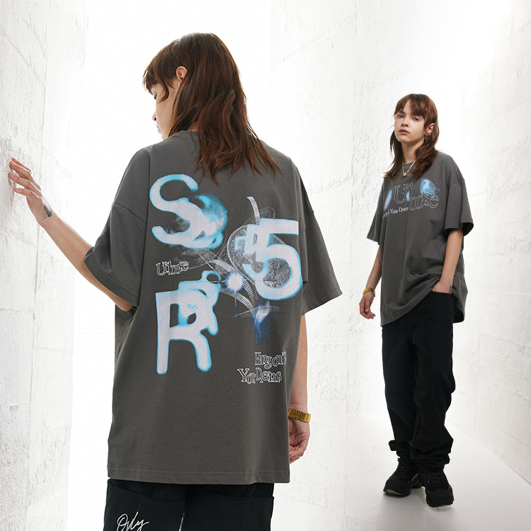 Small neckline heavy craft American high street large letter print t-shirt 134