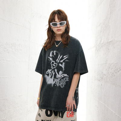 Washed old printed short-sleeved retro style street loose round neck T-shirt 133